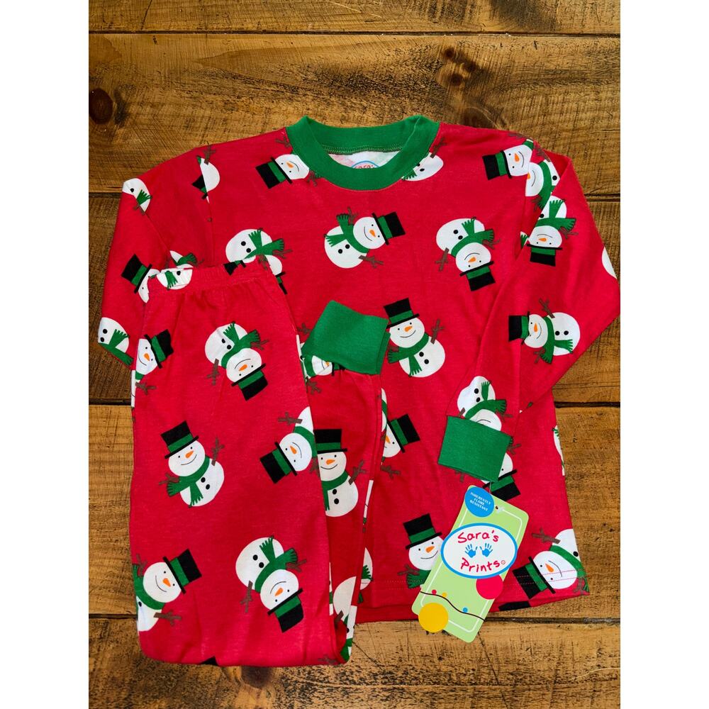 NEW Sara’s Prints Kids Red Green Snowman 2 Piece Pajama Set Flame Resistant‎ 5